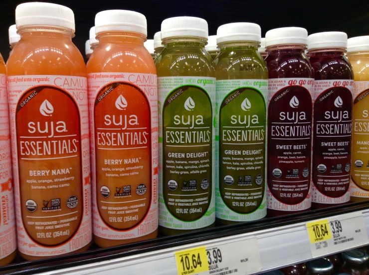 the variety of juices for sale in a store