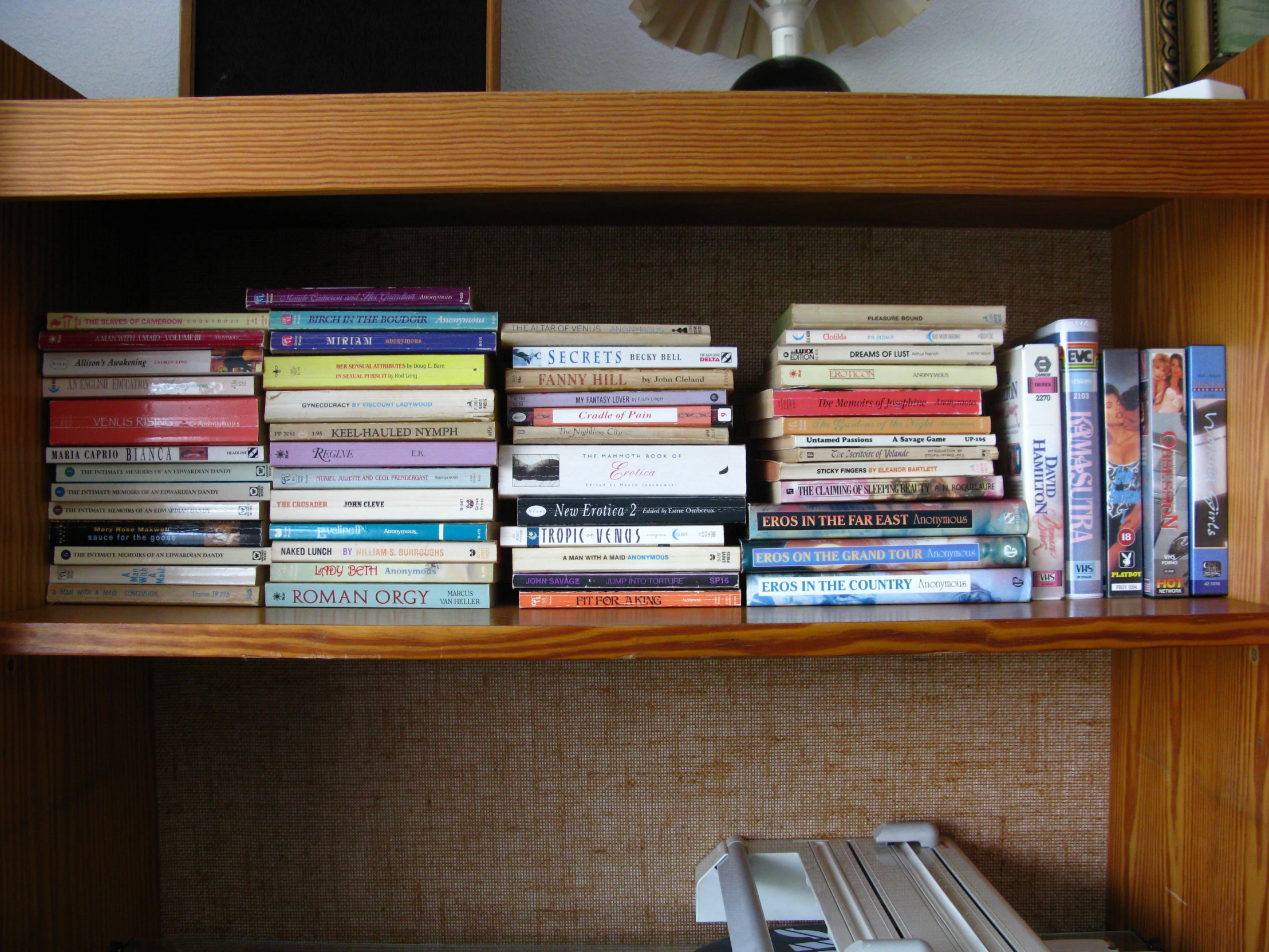 many books sit in front of a wooden shelf