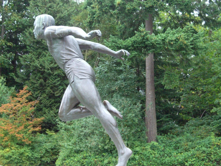 a statue of a male football player is shown in front of the woods