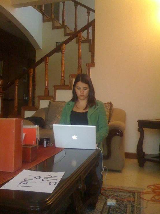 the woman sits on her couch working at the computer