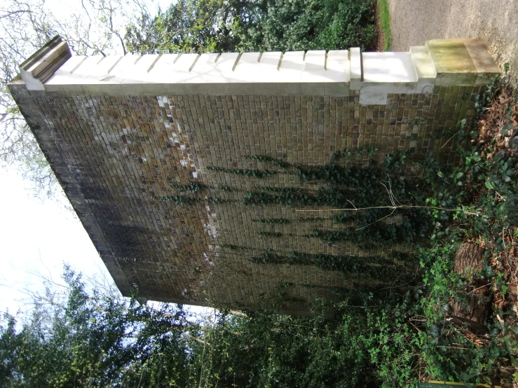 an old brick structure has vegetation growing up it's sides