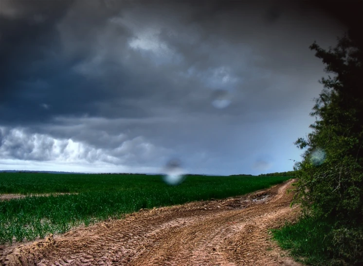 dark, threatening clouds over a dirt road with grass and trees