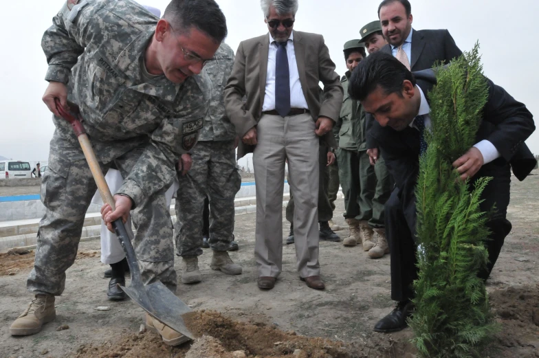 men in uniform dig into an earth pit and plant a tree