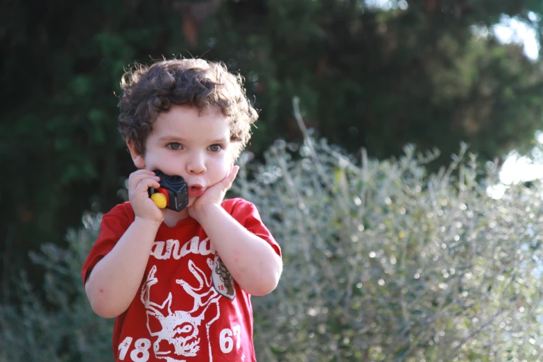  playing with electronic device in grassy area