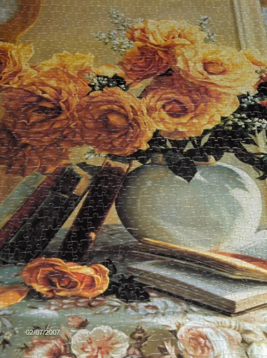 a close up of a painting with a vase full of flowers
