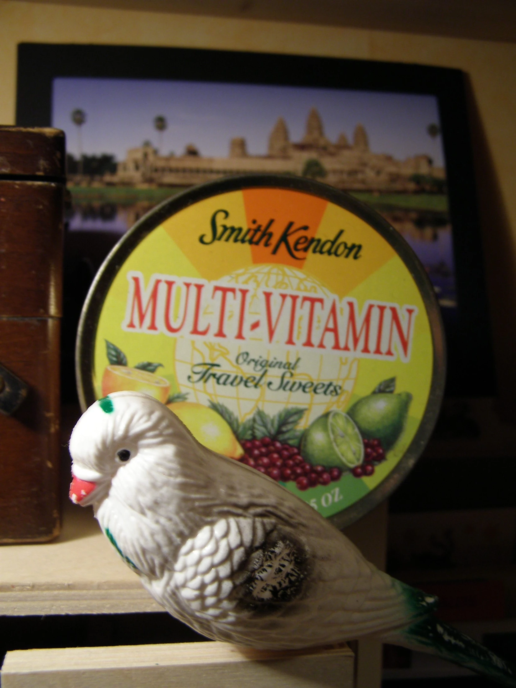 a close up of a bird on a shelf with a plaque