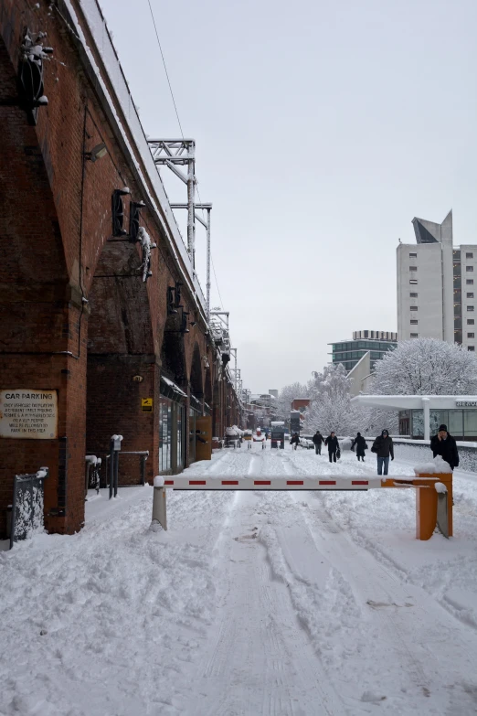 people walk in the snow next to buildings and power lines