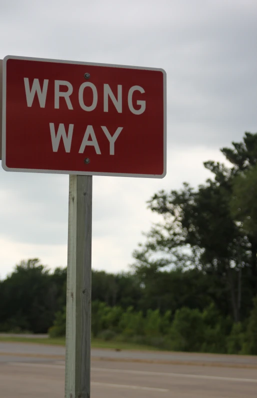 red wrong way sign on metal pole near roadway