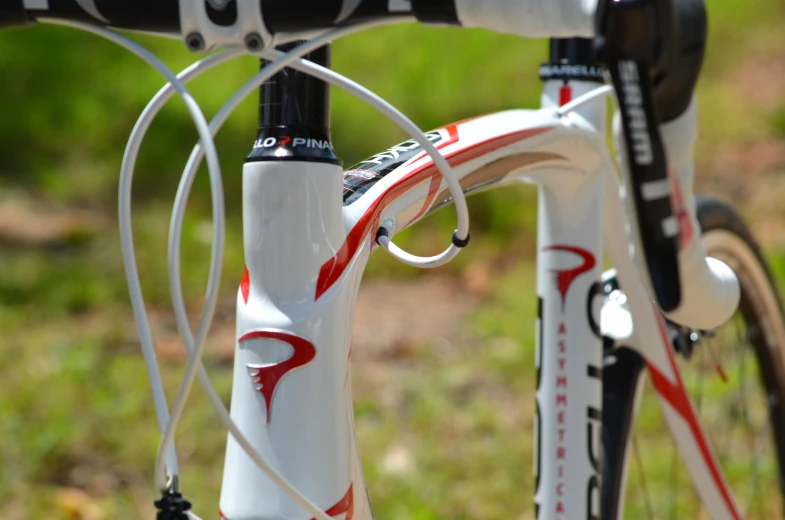 a bicycle with an orange and red logo parked in grass