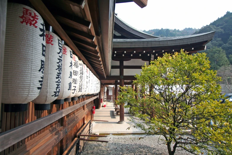 a path between wooden and oriental buildings with signs hanging on the wall