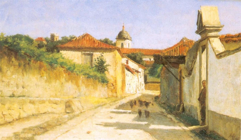 painting of a cobblestone street with a church on the corner