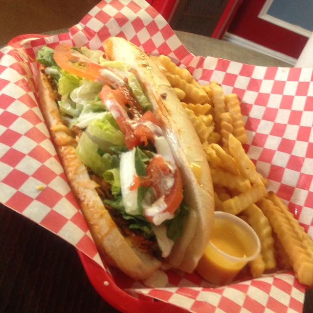 a large dog with lettuce, tomatoes and mayonnaise in a basket next to some fries