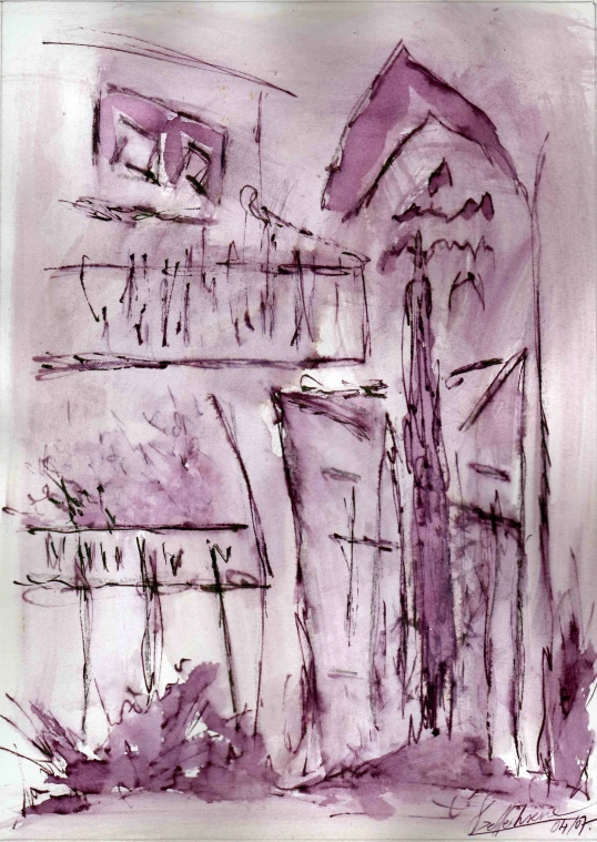 a purple colored drawing with abstract lines