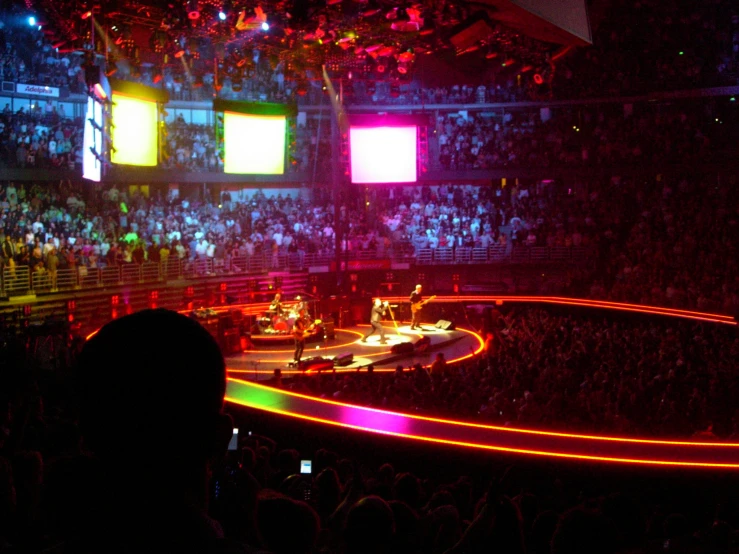 a band on stage performing in an arena