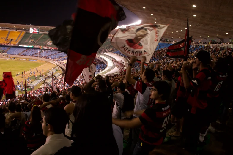 a crowd at a sporting event cheers with their team