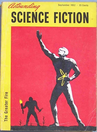a vintage science fiction, depicting a person holding a sword