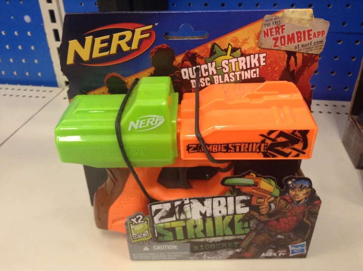 two nerf toys are on display for sale