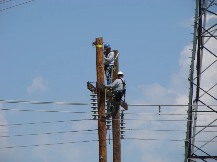 three men on electrical wires are climbing a wooden pole