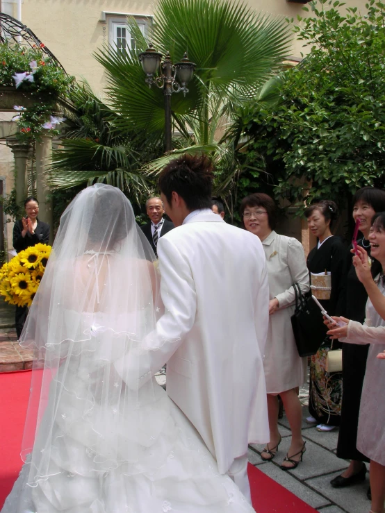 a couple getting married under the groom's veil