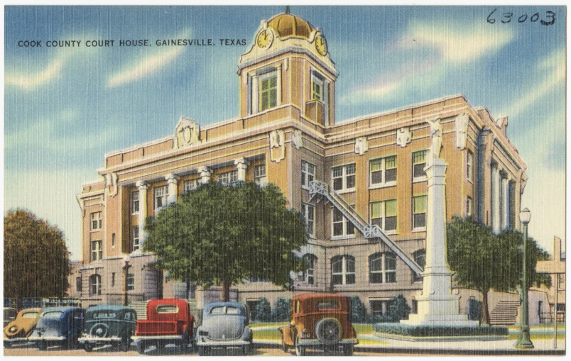 a postcard of an historic building showing fire engines on the front of it