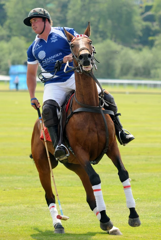 a polo player rides a horse across the field