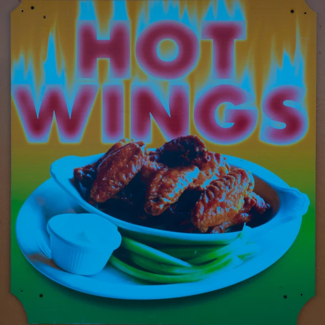 a sign that reads  wings with an image of a dish of wings