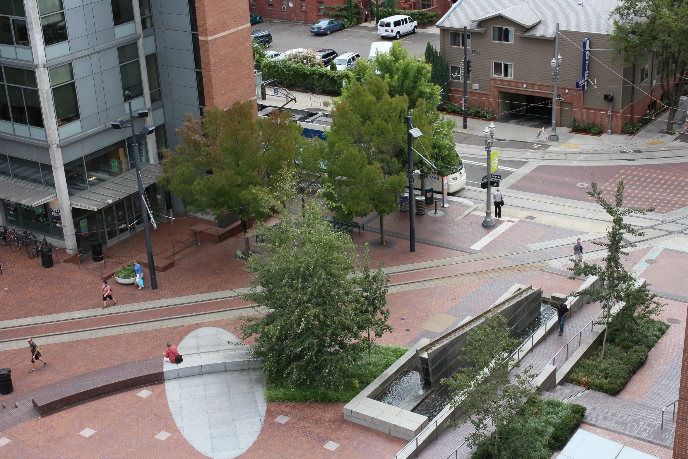 the view from the top of a building, looking down at the street