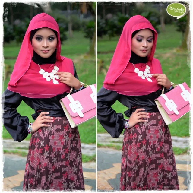 two pictures of a young lady wearing a hijab and carrying pink clutches