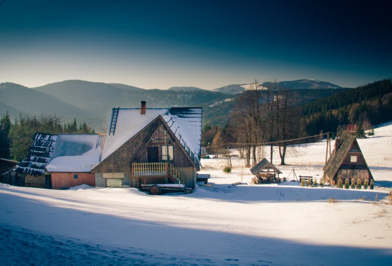 a home in the snowy mountains is surrounded by trees