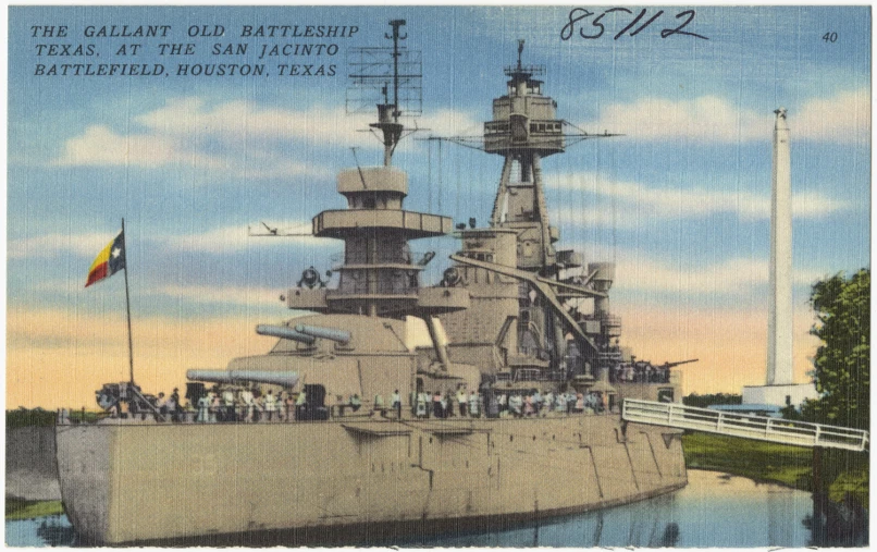 a postcard showing a large ship with flags flying from it