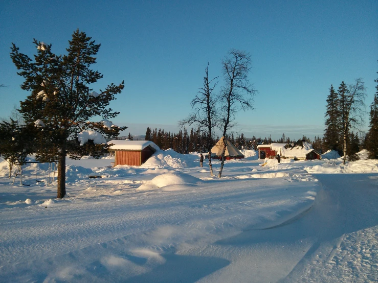 the road is covered with snow as well as many trees