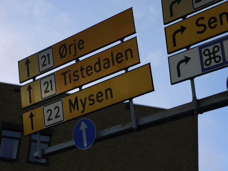 various street signs are hanging outside of a building