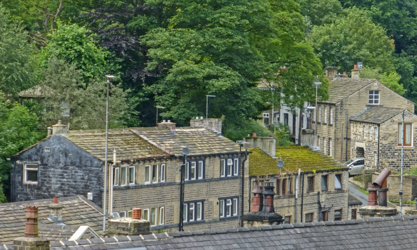 there are many old stone buildings near the woods