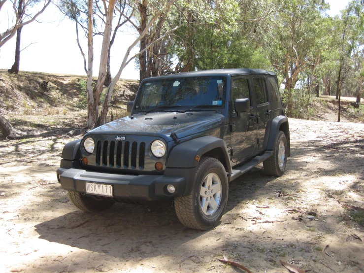 the jeep is parked in a shaded clearing