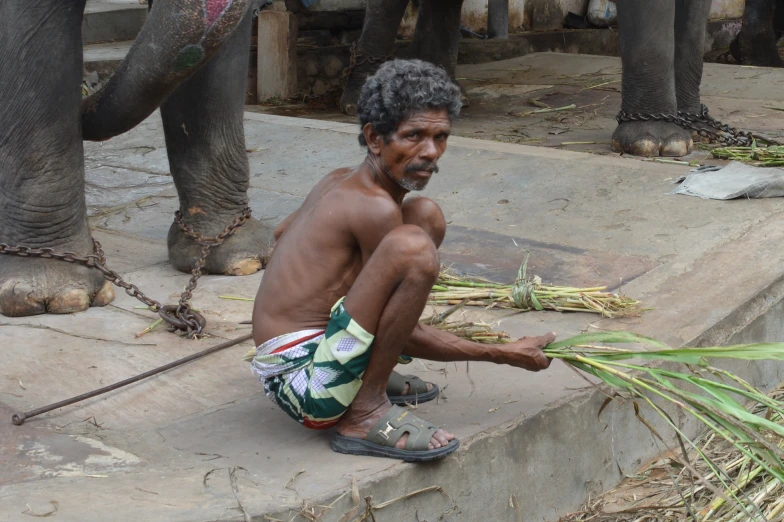 a man sitting on the sidewalk with some green grass