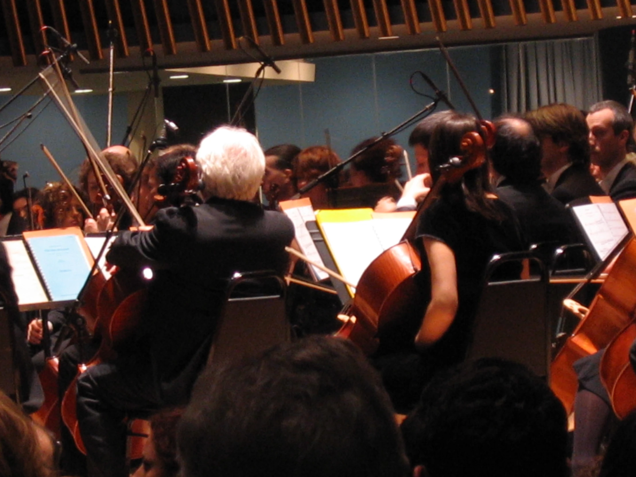 a group of violinist's in a large room