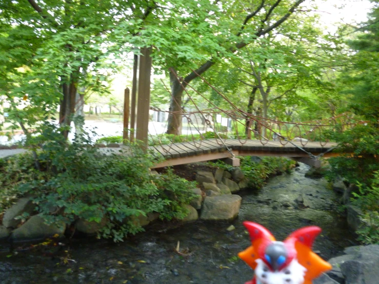 a strange looking orange and blue object sitting on the side of a river