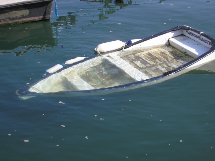 a boat is sitting in some water and its motor pulled up