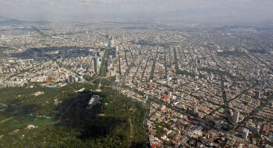 a city from an airplane shows a hill with many trees and bushes around