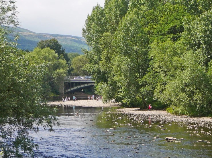 a creek with many people walking in it