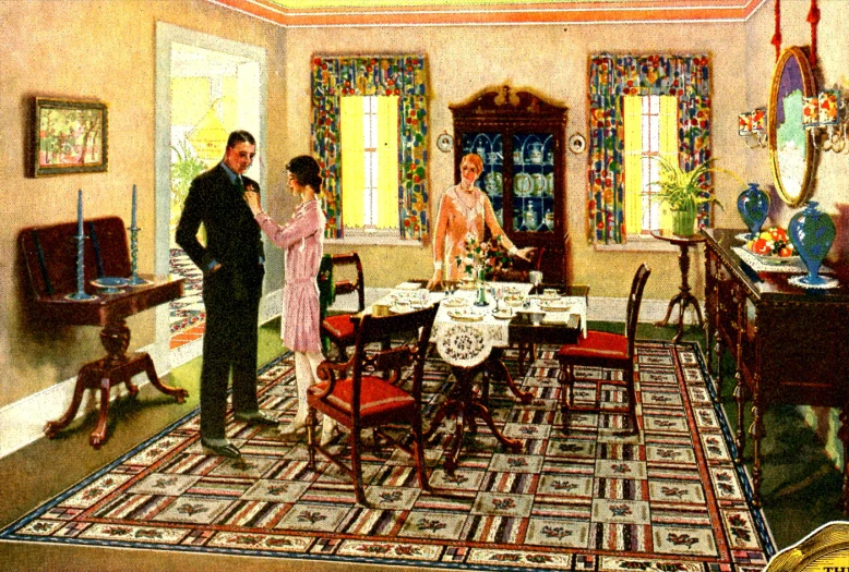 a vintage illustration of a couple standing in a dining room