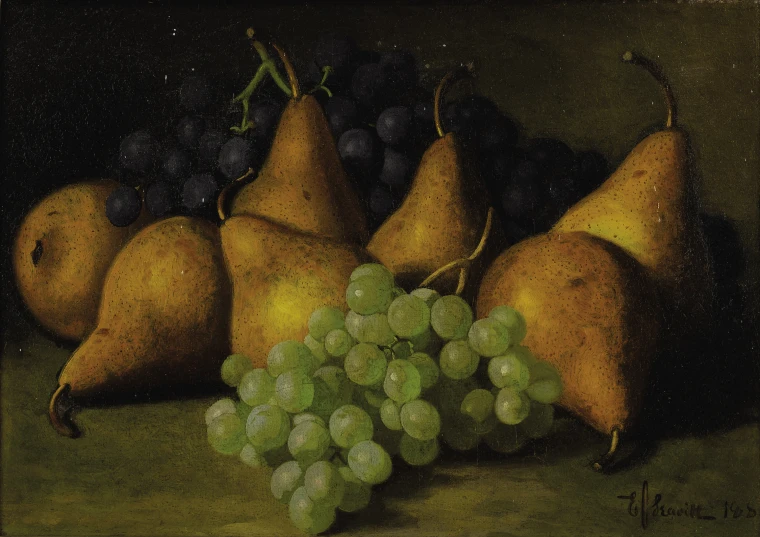 a close up of a painting with fruit on it