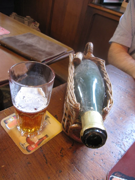 a bottle and a glass on a table