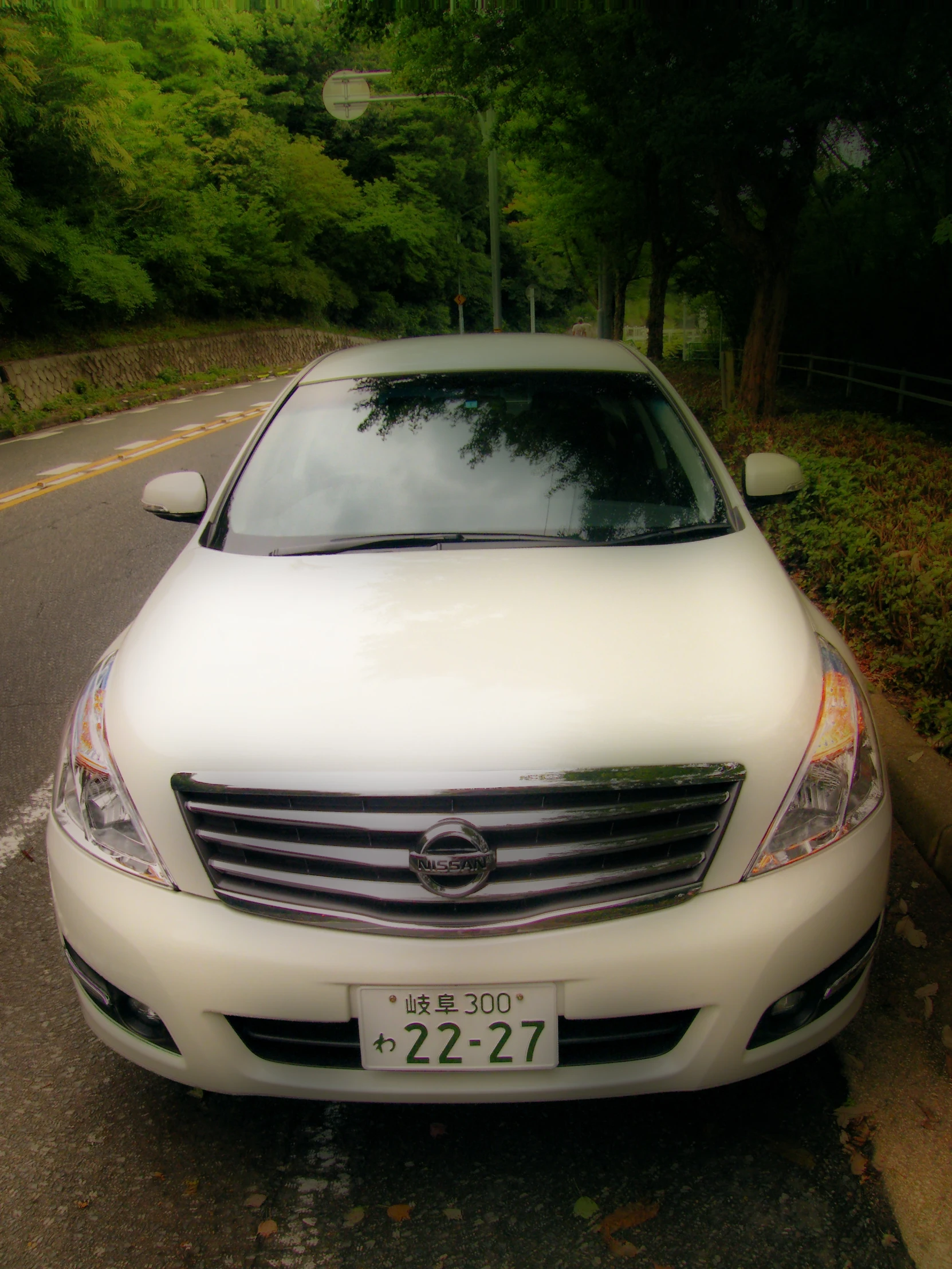 a white car parked on the side of a road