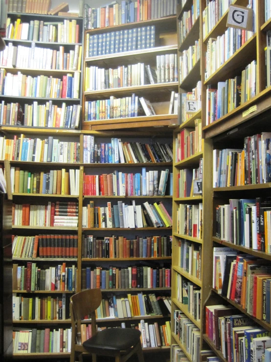 an old liry with a chair and big stack of books