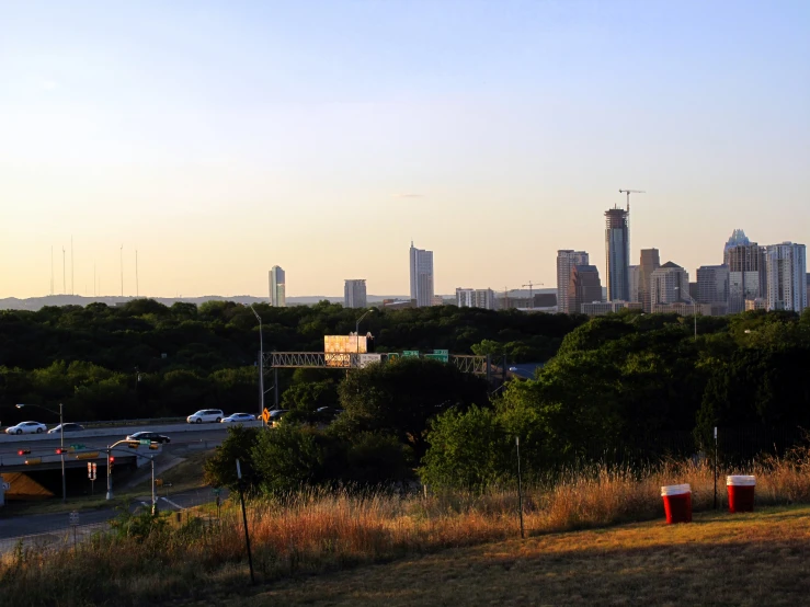 a picture looking out on a city skyline