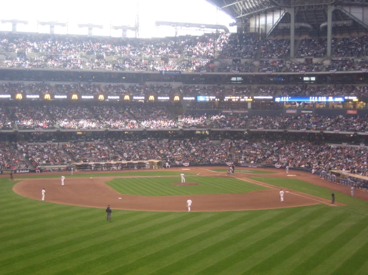 an aerial view of a baseball game on a professional field