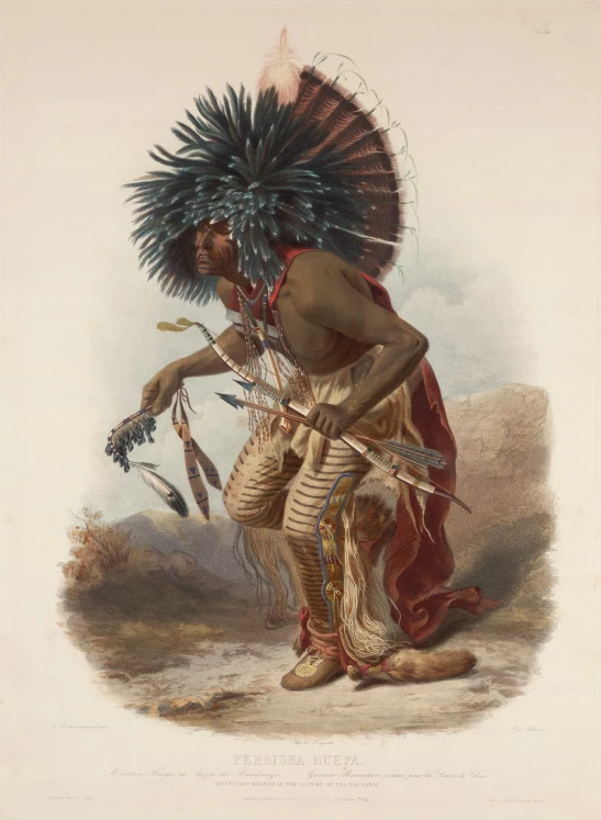 native american indian woman with feathers holding an item