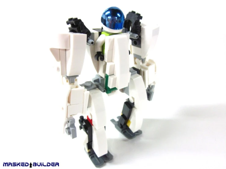 a toy robot standing up on white background