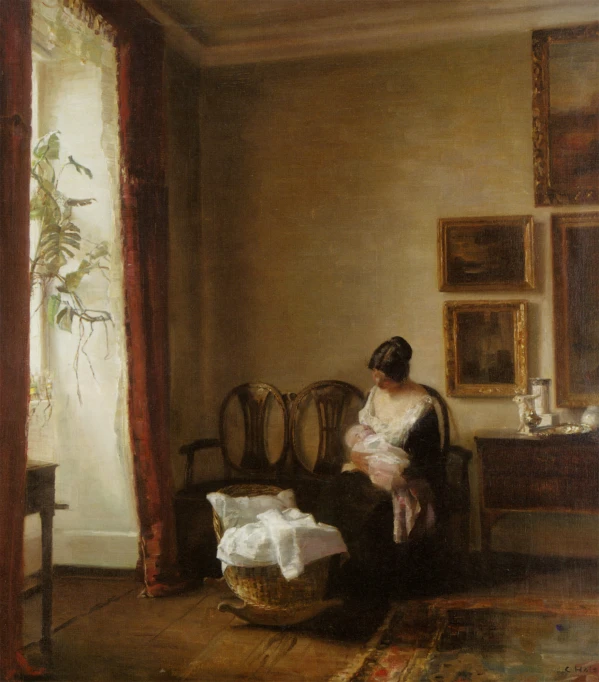 a painting of a woman sitting on a chair